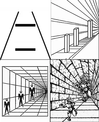Иллюзия Понцо (левый верхний угол) и ее модификации