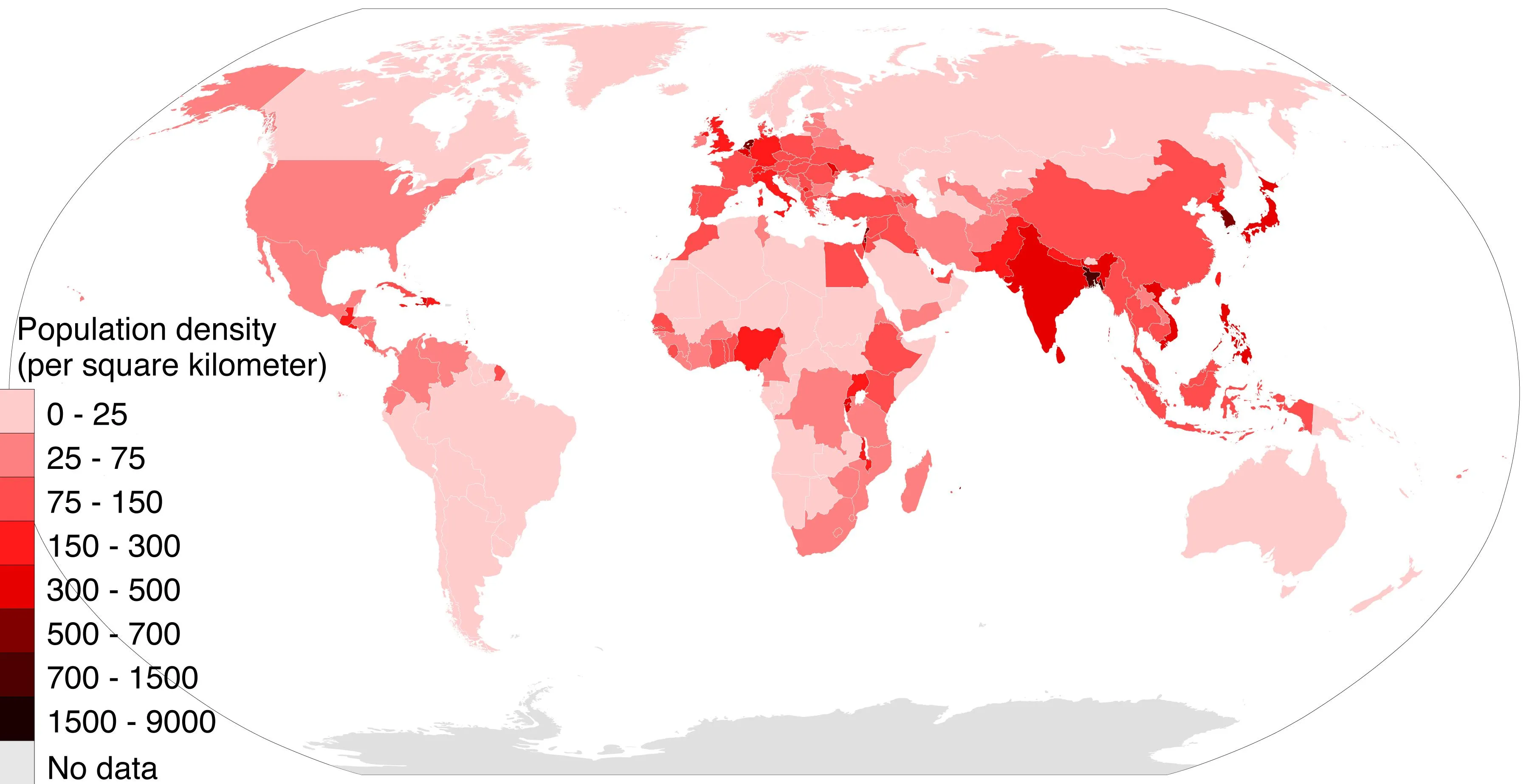 Мировая плотность населения в 2018 году (человек на кв. километр)