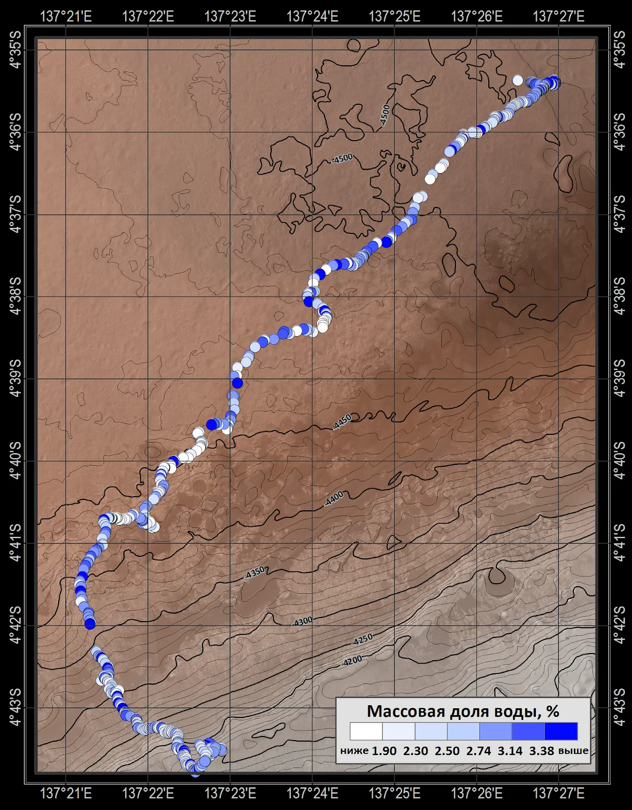 Профиль содержания воды вдоль трассы марсохода Curiosity, измеренный ДАН,