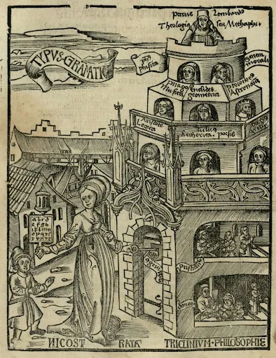 Женщина (Никострата) с рогом и ключом ведет ребенка в университет, где