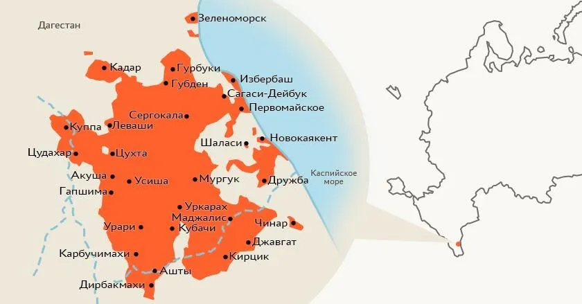 Карта населенных пунктов, где литературный даргинский язык преподают в