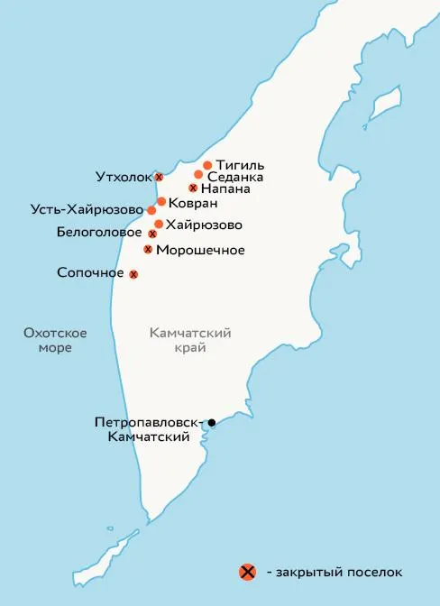 Карта распространения западного ительменского языка