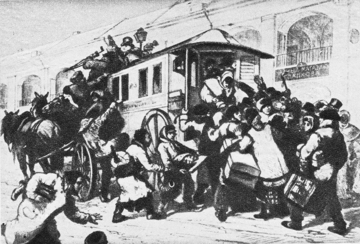 Первый петербургский омнибус 1832 г. // Архив Фетисова.Н.Ф // Посадка в омнибус у Гостиного двора (репродукция с печатного издания "Всемирная иллюстрация" 1873. "Минута остановки конки на углу Садовой и Невского". Гравюра) // wikimedia.org