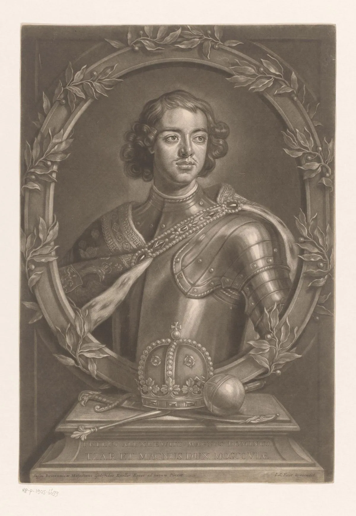 Портрет Петра I. Гравюра Джона Смита с живописного оригинала Готфрида